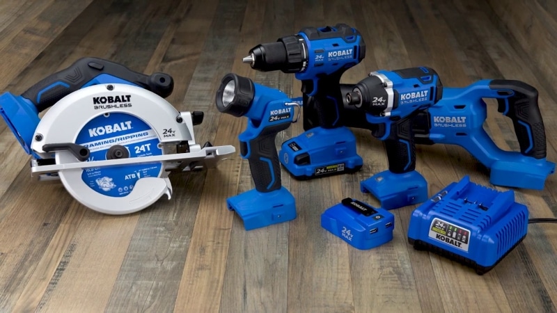 Kobalt 6-Tool 24-volt Max Lithium Ion Cordless Combo Kit Tools on the wooden table